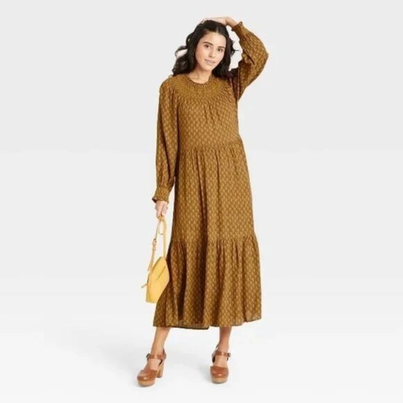 Universal Thread Brown Gold Balloon Long Sleeve Smocked Neck Maxi Dress P5798 - Picture 1 of 9